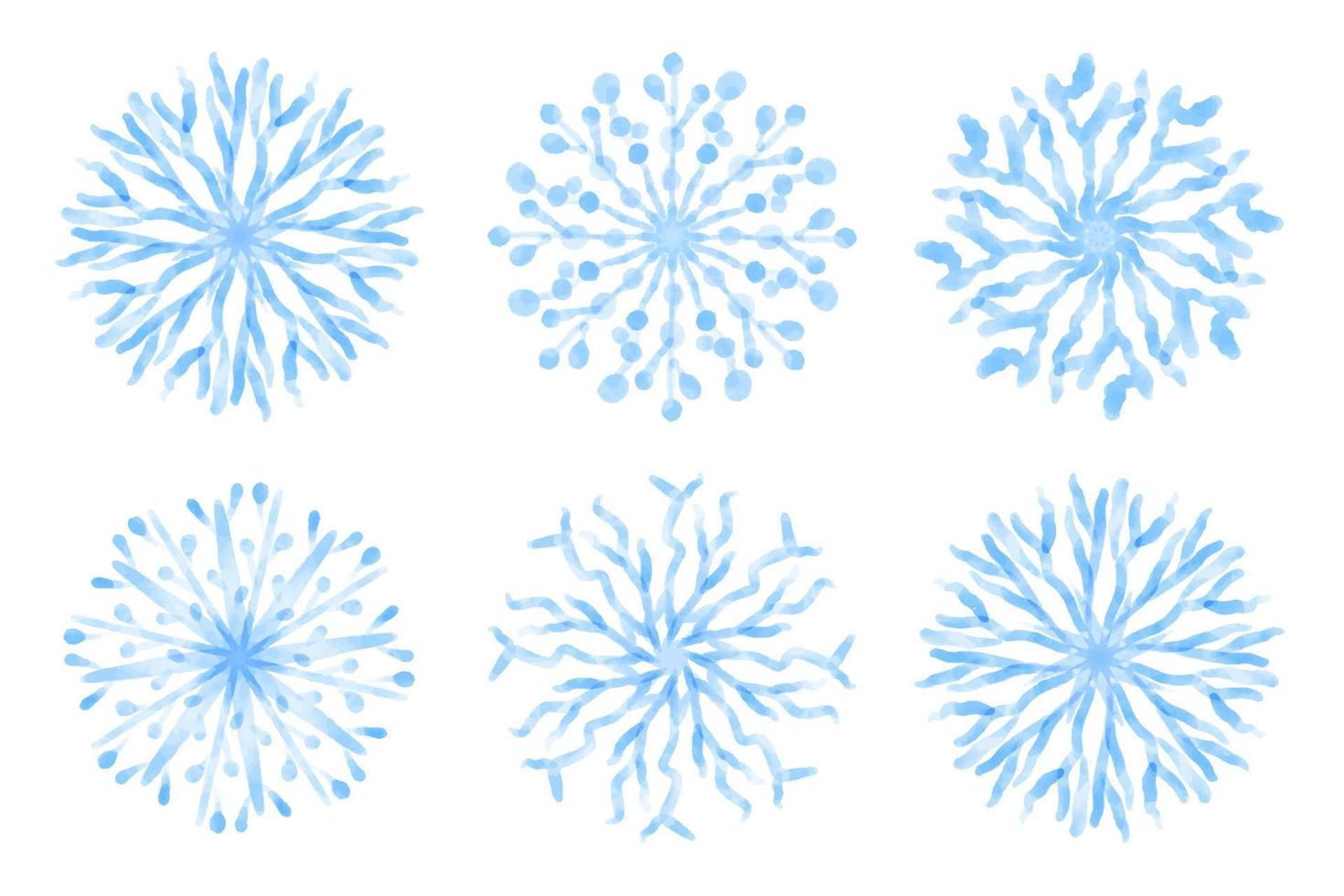 coleção de flocos de neve azuis artísticos com textura aquarela. conjunto de vetores de estoque. pode ser usado para materiais impressos, estampas, cartazes, cartões, logotipo. abstrato. elementos decorativos desenhados à mão.