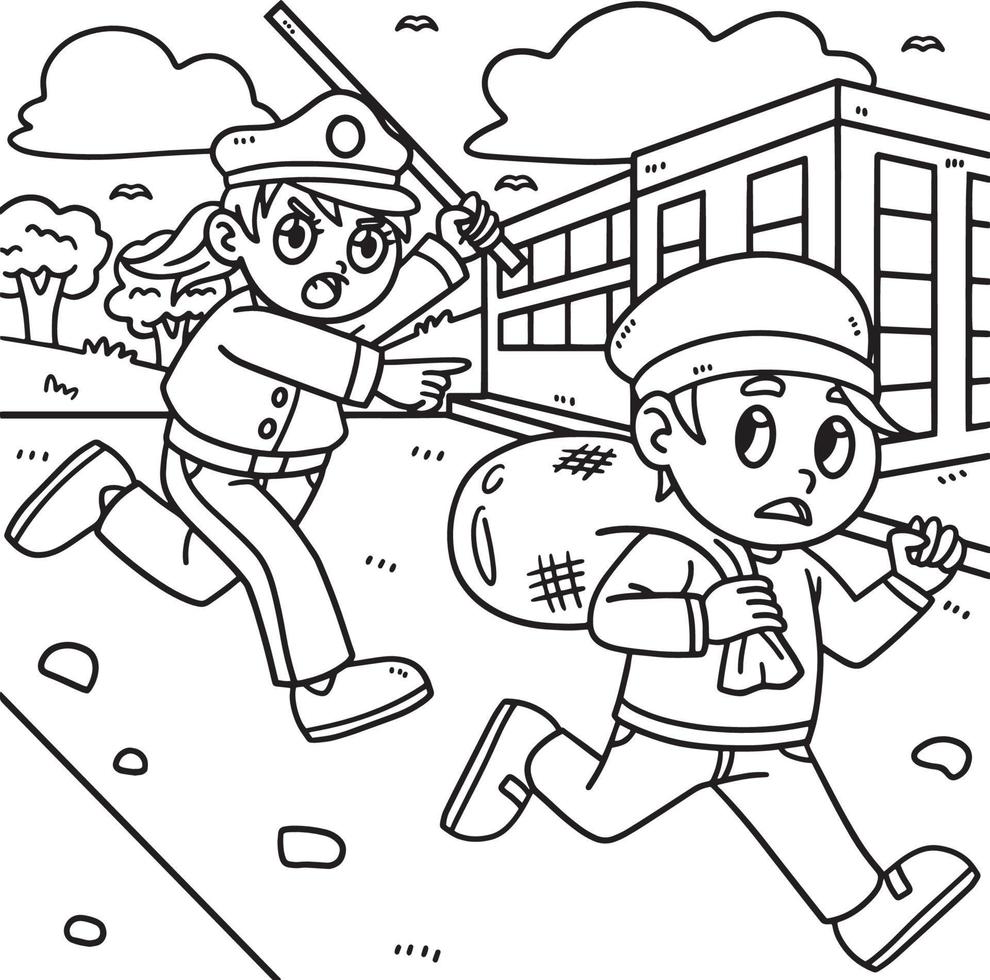 desenho de policial perseguindo ladrão para colorir vetor