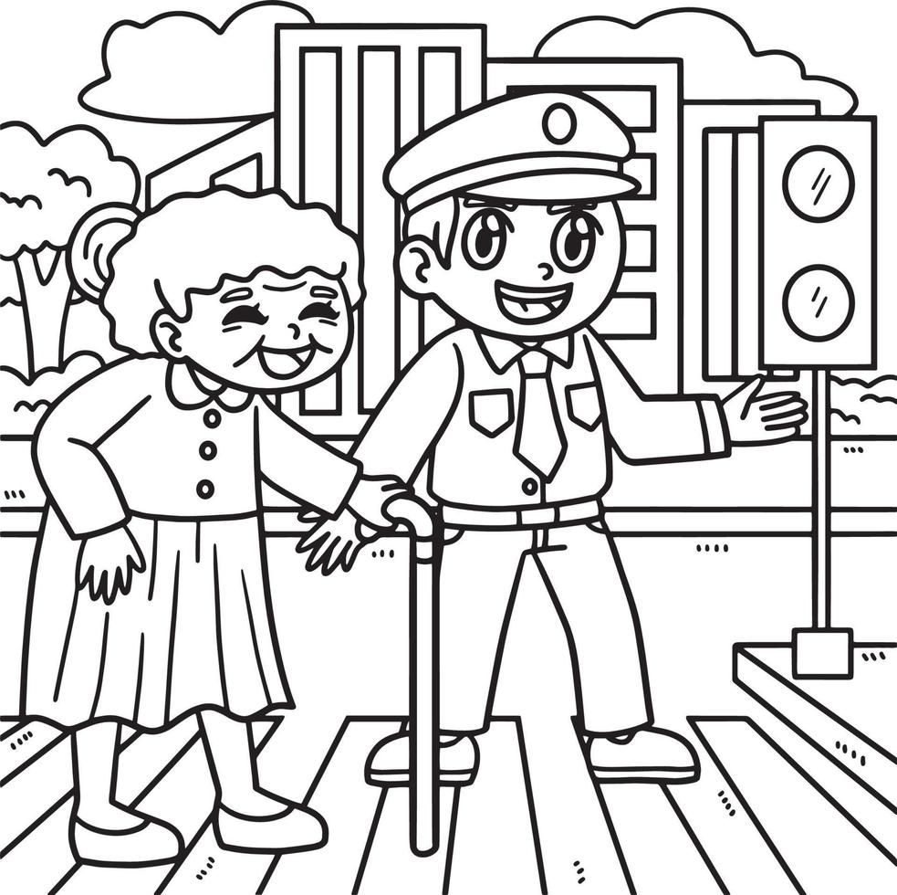 polícia ajudando velhinha para colorir para crianças vetor