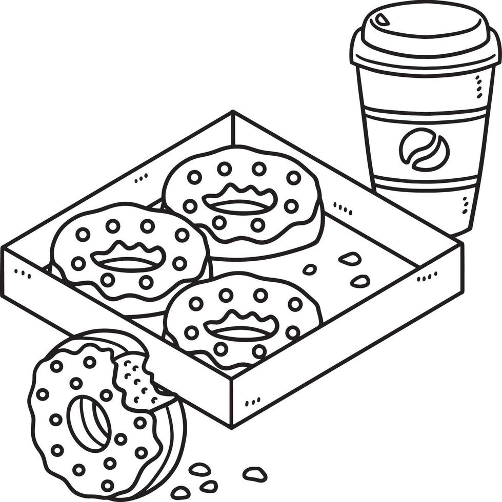 desenho de caixa de donuts e café isolado para colorir vetor