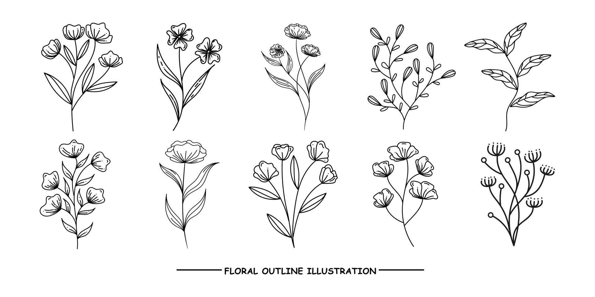 mão desenhar coleção de conjunto de arte de linha floral, ilustração de contorno de flor vetor