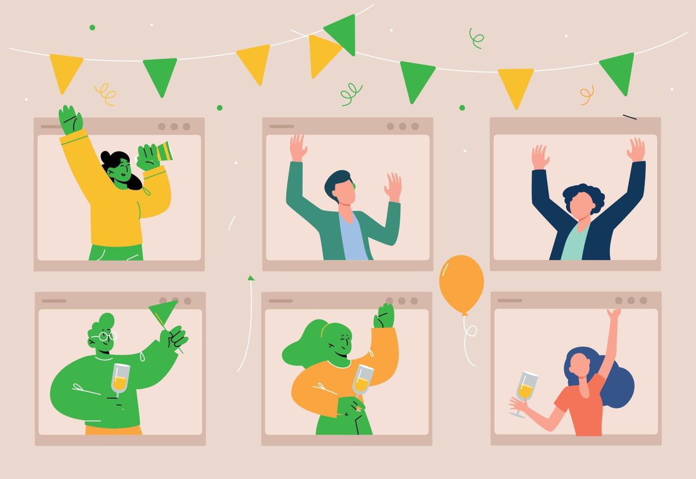 videochamada de festa online com pessoas felizes comemorando aniversário vetor