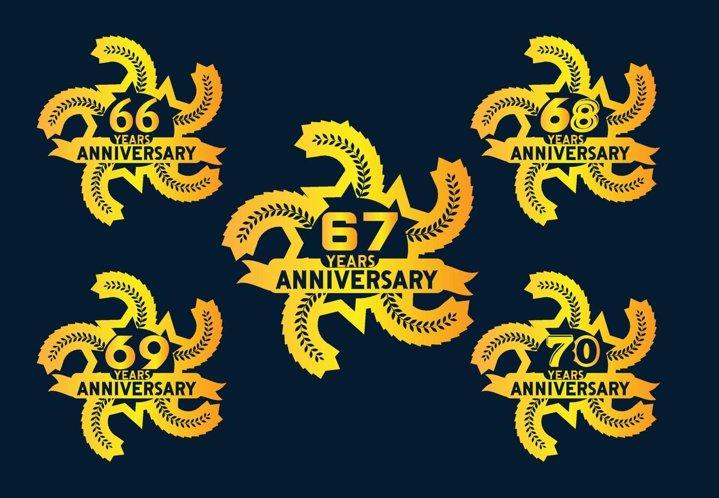 logotipo de aniversário de 66 a 70 anos e design de adesivo vetor