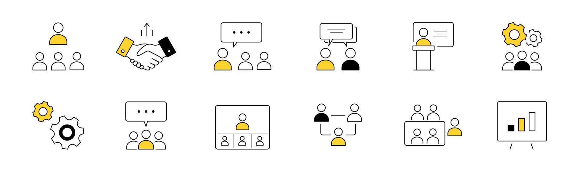 conjunto de ícones de doodle de comunicação de reunião de negócios vetor