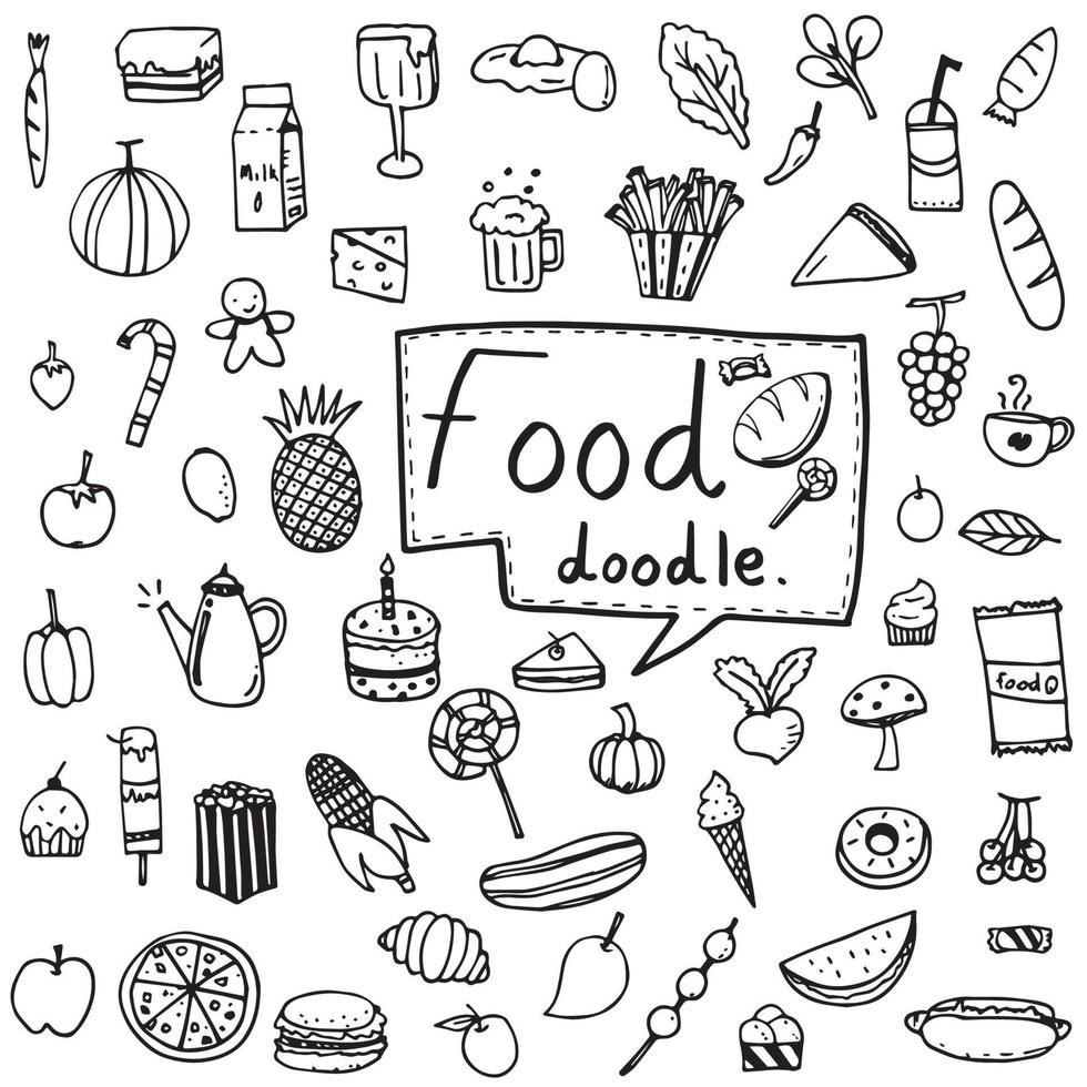 conjunto de ilustração vetorial de comida e bebida, rabiscos de frutas e legumes desenhados em contorno preto sobre fundo branco vetor