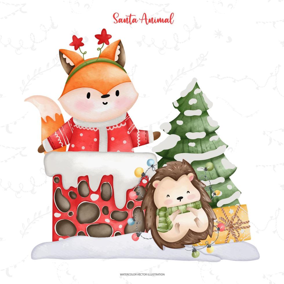 raposa fofa em traje de papai noel, ilustração de temporada de natal em aquarela, ilustração de animal de natal vetor
