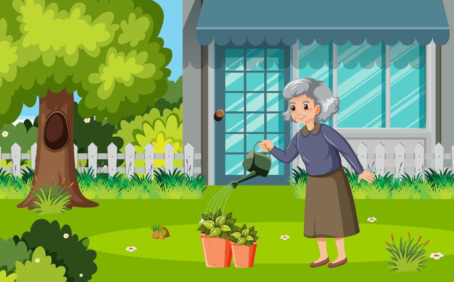 mulher idosa jardinagem no quintal vetor