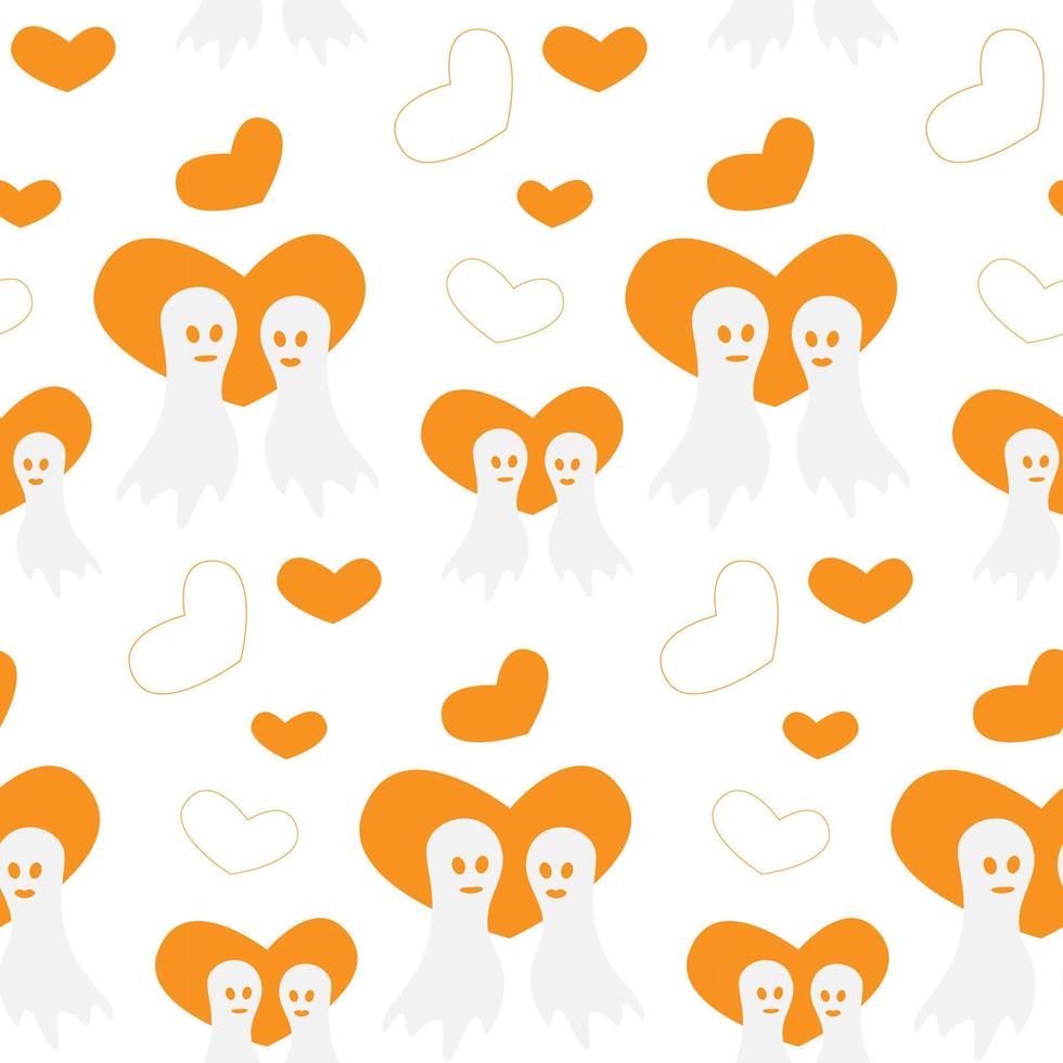 padrão de halloween sem costura com dois fantasmas apaixonados e formas de coração laranja em tons da moda. isolar vetor