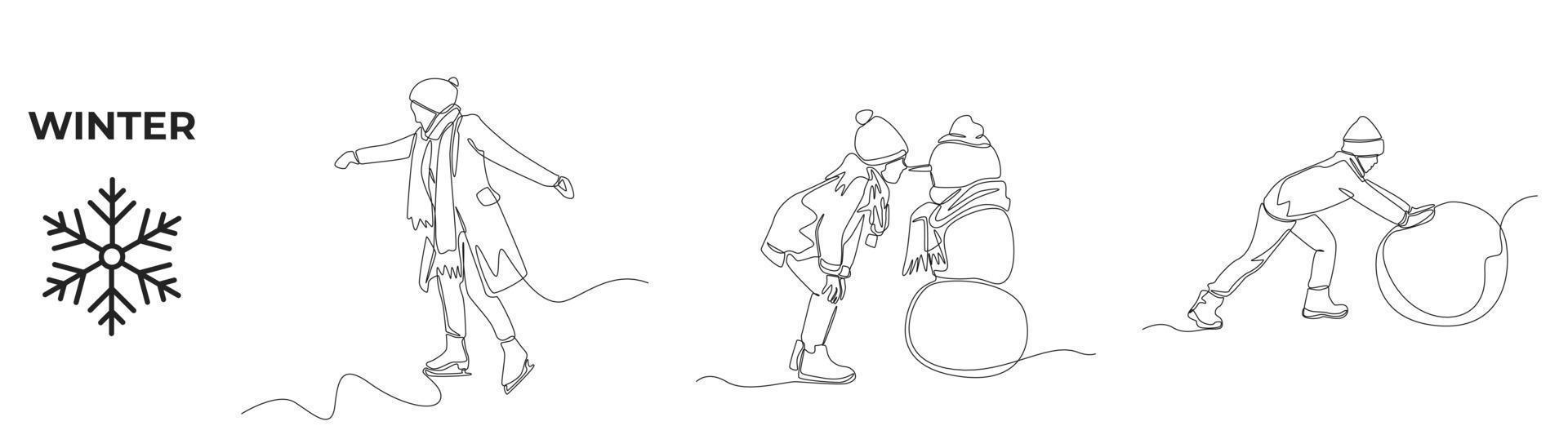 uma única linha desenhando atividades de inverno e conjunto esportivo. homem feliz com roupas de inverno, menino com boneco de neve e bola de neve rolando no inverno. linha contínua desenhar design gráfico ilustração vetorial. vetor