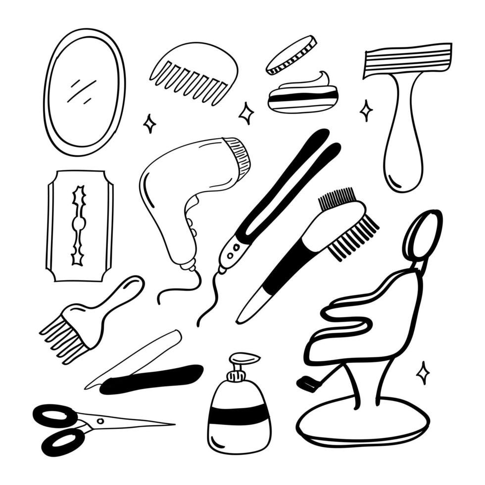 barbeiro desenhado à mão e ícone de salão no estilo doodle vetor