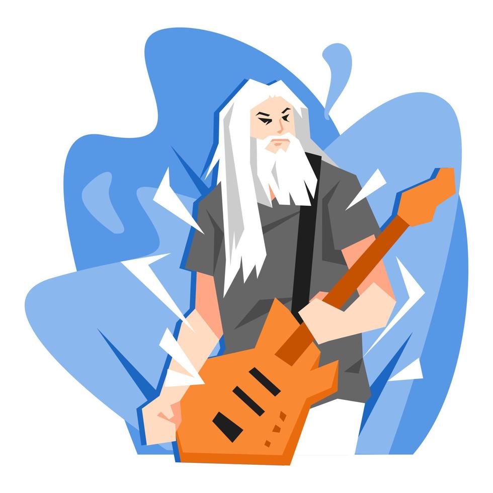 baixista, velho com barba, cabelo comprido. fundo estético azul. conceito de música, banda, design de camisa, pôster, etc. ilustração vetorial plana vetor