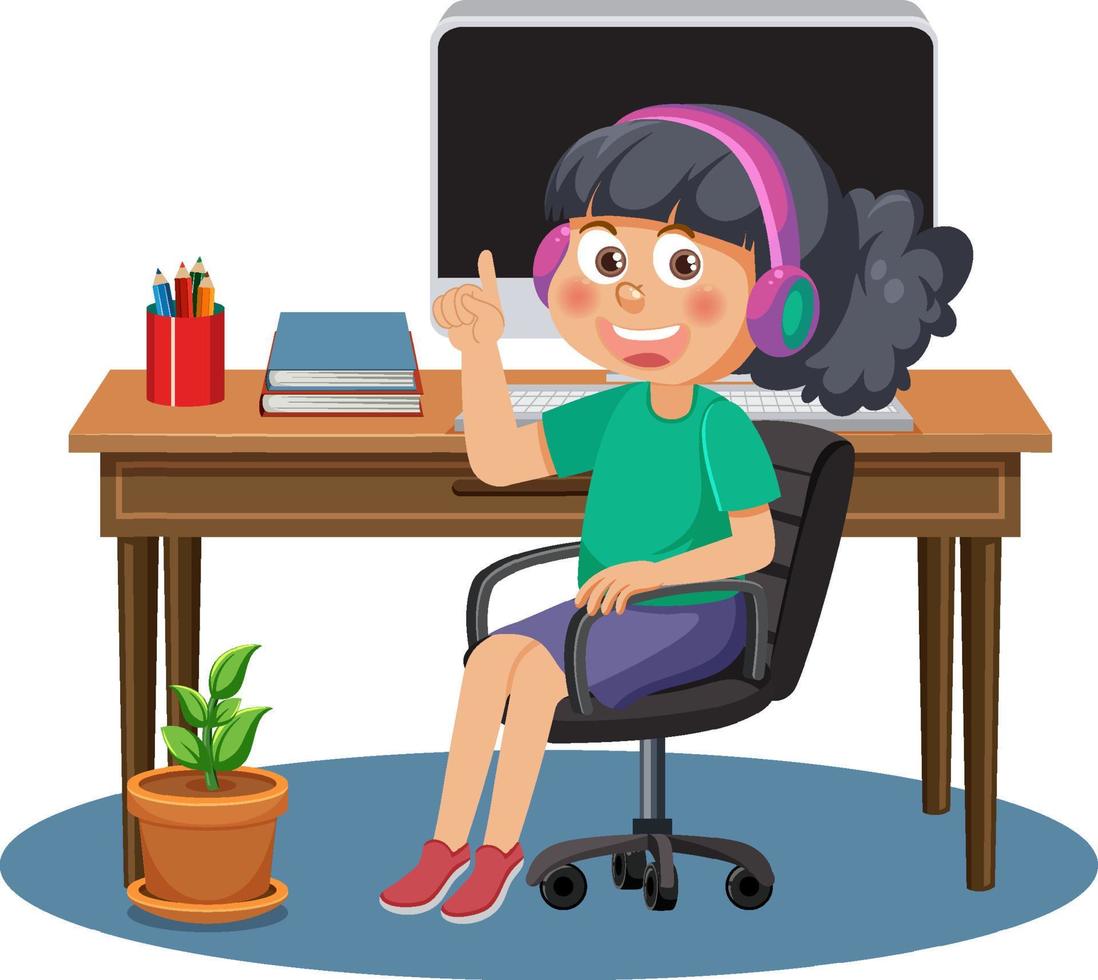 uma garota estudando online com computador vetor