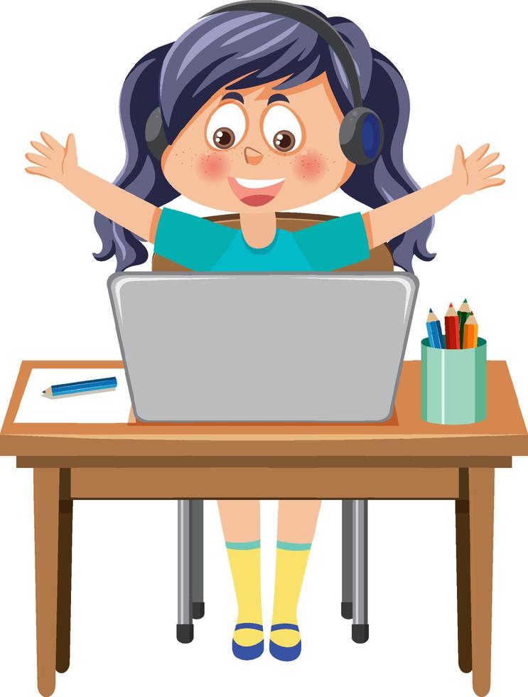 uma garota aprendendo online no laptop vetor