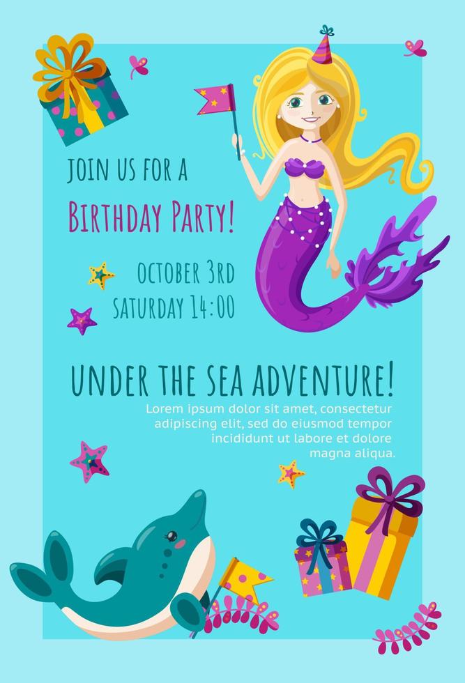 cartão de convite de aniversário com golfinho, sereia e estrela do mar. design de convite pronto com presentes e bandeiras. ilustração vetorial em estilo simples. vetor