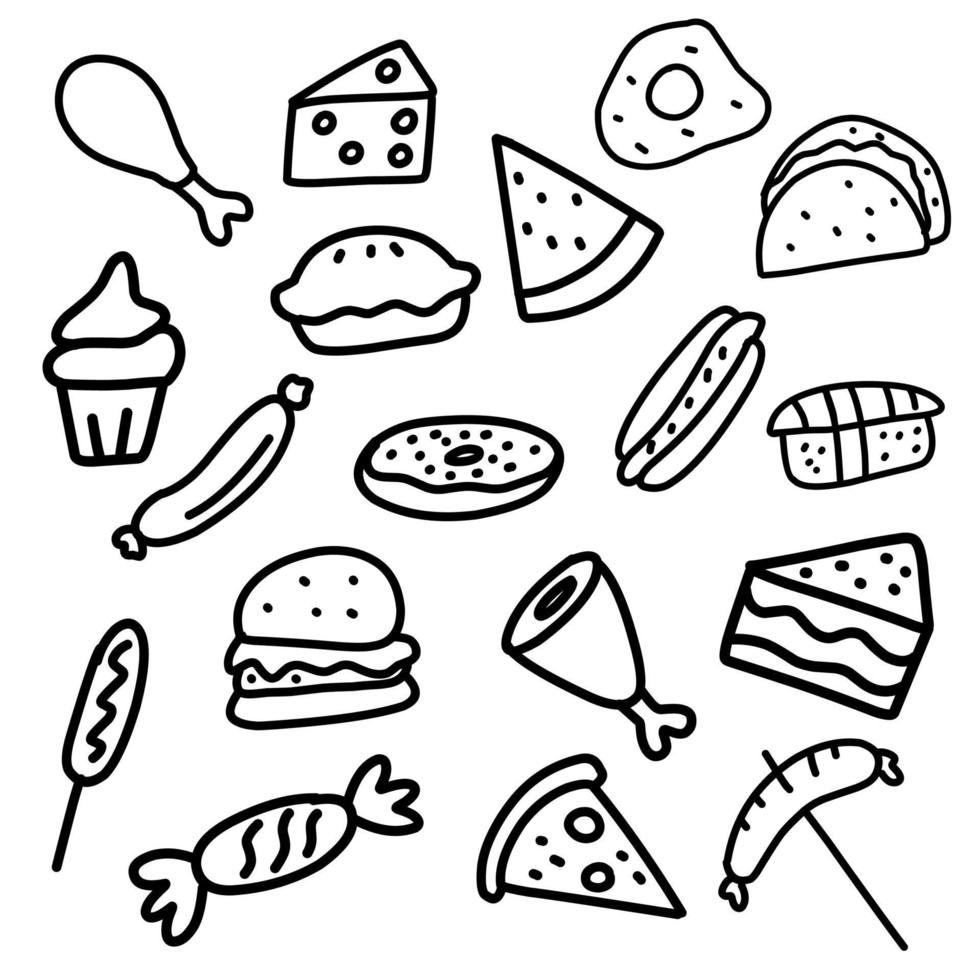 definir ilustração vetorial de ícone de elementos de comida doodle vetor