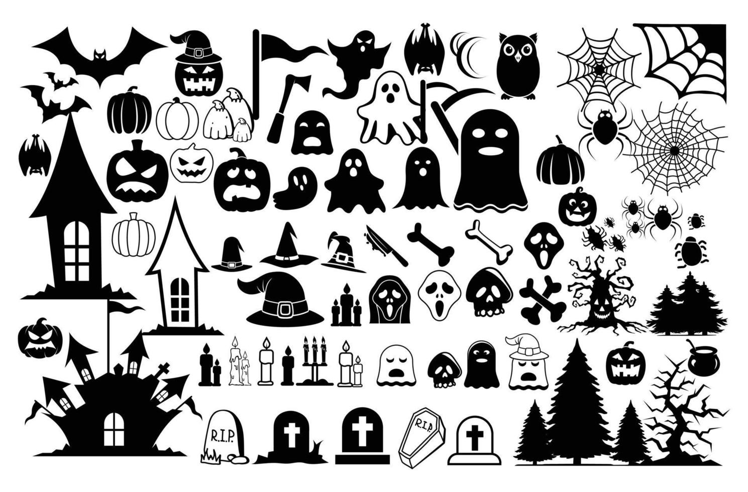 coleção de dias de halloween vector conjunto de ícones de halloween, design de bruxa, elementos assustadores e assustadores para decorações de halloween, coleção criativa de vetores livres de silhuetas de halloween.