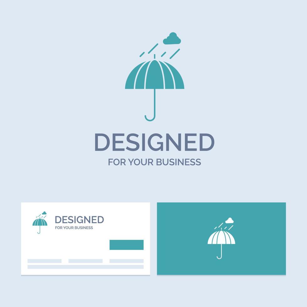 guarda-chuva. acampamento. chuva. segurança. símbolo do ícone do glifo do logotipo do negócio do tempo para o seu negócio. cartões de visita turquesa com modelo de logotipo da marca. vetor