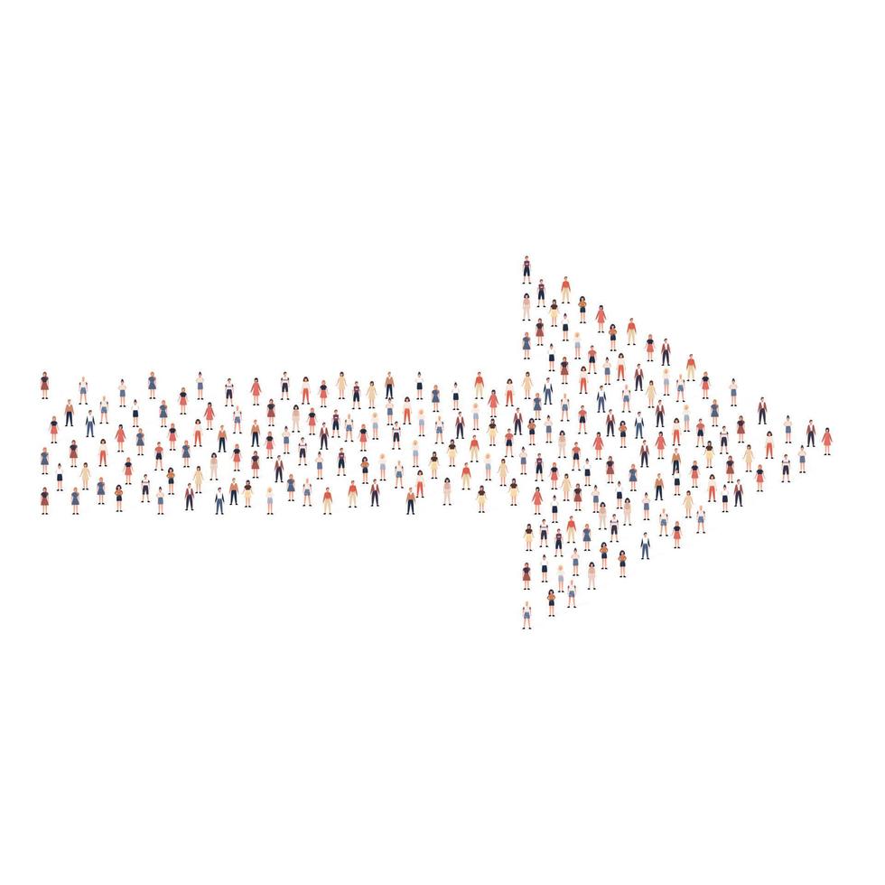 grande grupo de pessoas silhueta amontoada em forma de direção certa seta isolada no fundo branco. ilustração vetorial vetor