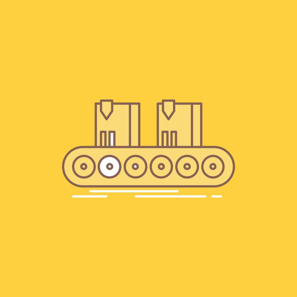 cinto. caixa. transportador. fábrica. ícone cheio de linha plana de linha. botão de logotipo bonito sobre fundo amarelo para ui e ux. site ou aplicativo móvel vetor