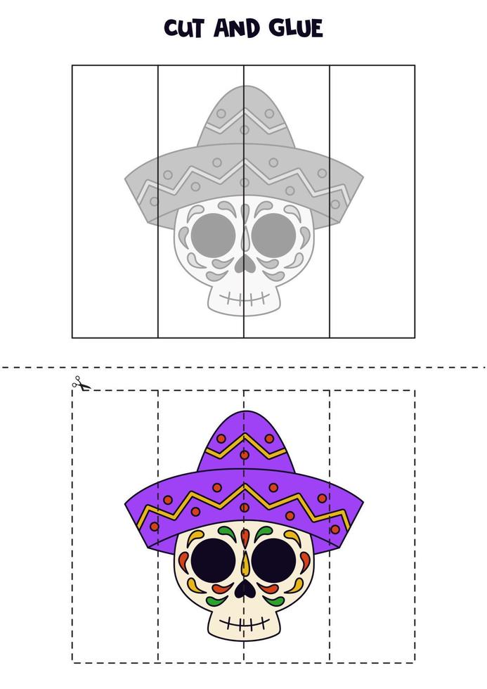 jogo de corte e colagem para crianças. crânio mexicano no chapéu. vetor