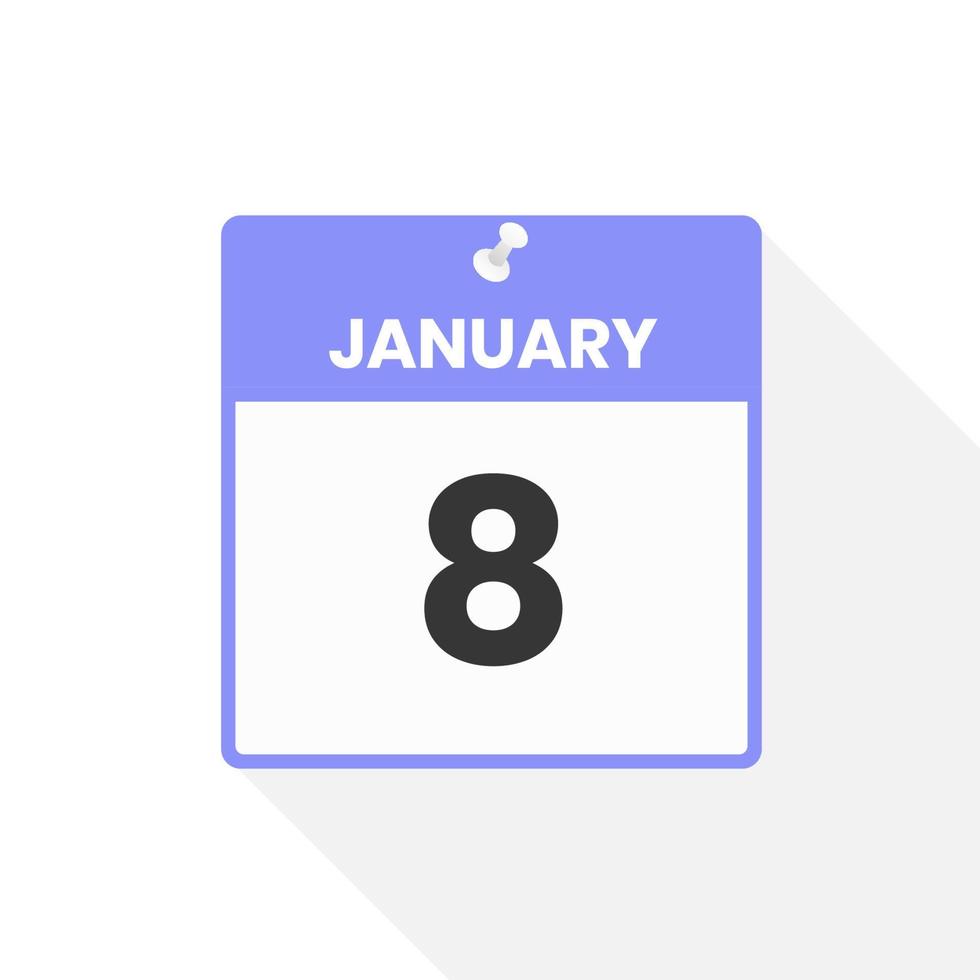 ícone de calendário de 8 de janeiro. data, ilustração em vetor ícone do calendário do mês