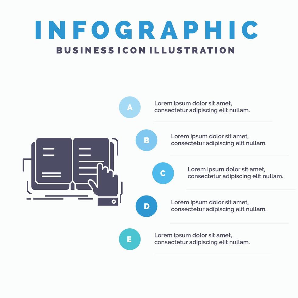 livro. lição. estudar. literatura. lendo modelo de infográficos para site e apresentação. ícone de glifo cinza com ilustração em vetor estilo infográfico azul.