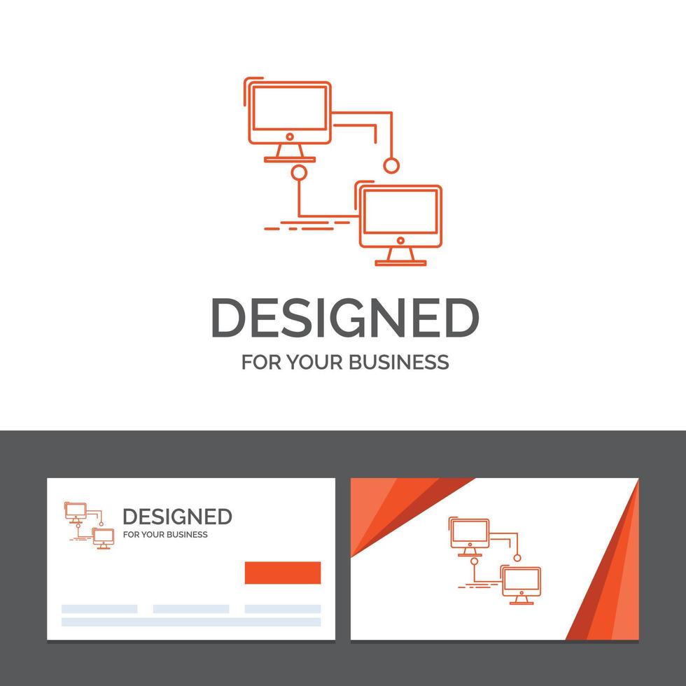modelo de logotipo de negócios para local. lan. conexão. sincronizar. computador. cartões de visita laranja com modelo de logotipo da marca vetor