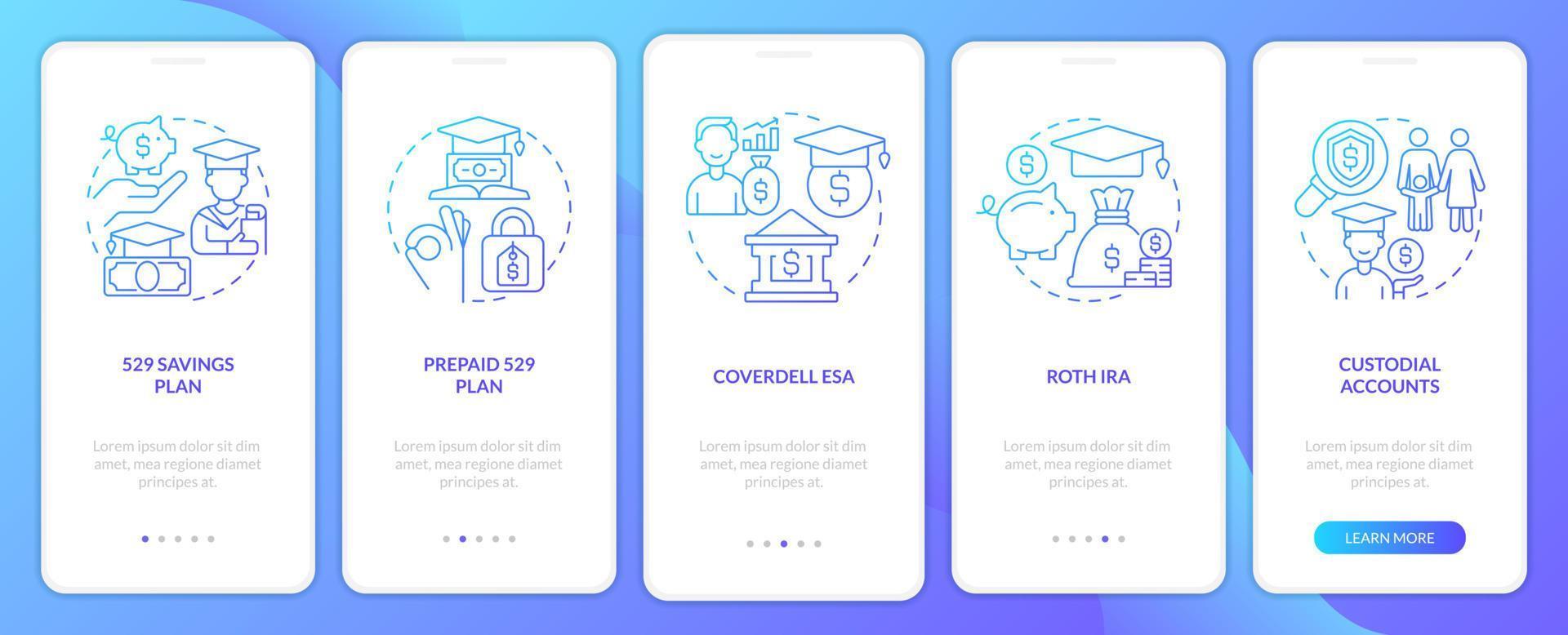 tipos de conta para a tela do aplicativo móvel de integração do gradiente azul de poupança da faculdade. passo a passo 5 passos instruções gráficas com conceitos lineares. ui, ux, modelo de gui. vetor