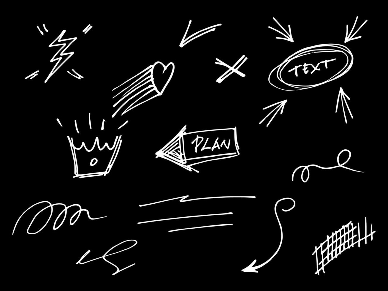 elementos de doodle para design de conceito no set. isolado no fundo preto. elementos infográficos. ênfase, swishes encaracolados, swoops, redemoinho, flecha. ilustração vetorial vetor