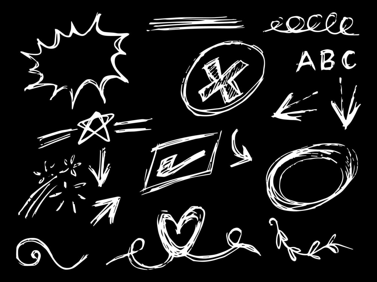 elementos de doodle para design de conceito no set. isolado no fundo preto. elementos infográficos. ênfase, swishes encaracolados, swoops, redemoinho, flecha. ilustração vetorial vetor