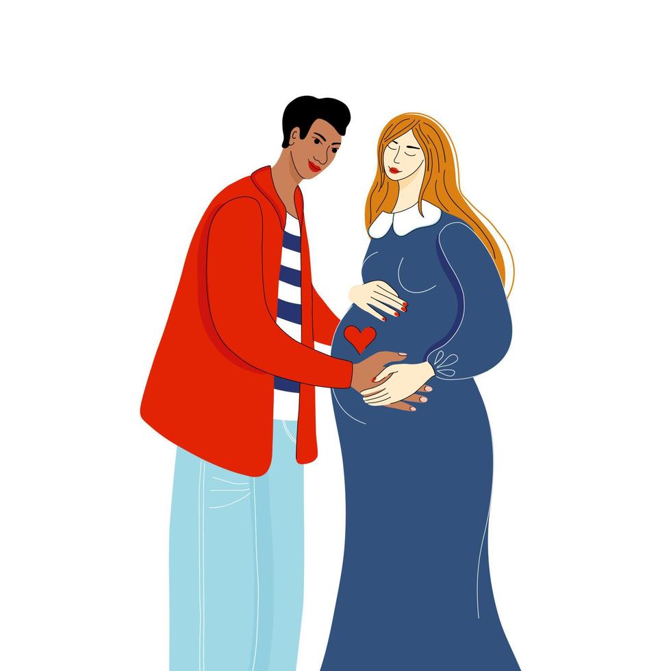 retrato de casal apaixonado. jovem mulher grávida e homem estão esperando um bebê. conceito de gravidez e maternidade. mão desenhada ilustração vetorial. vetor