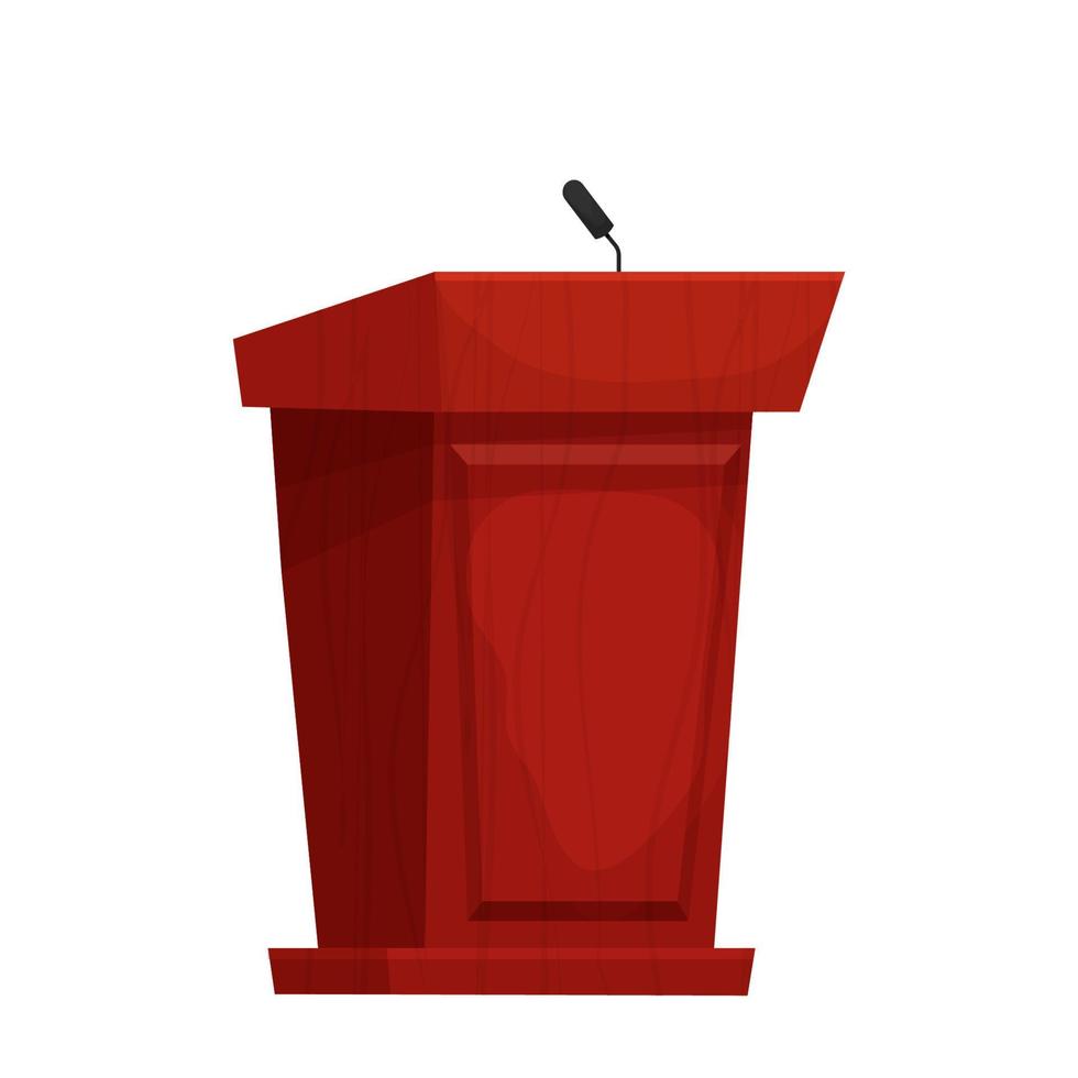 tribuna do discurso de madeira, pódio de orador com microfone em estilo cartoon, isolado no fundo branco. ilustração vetorial vetor