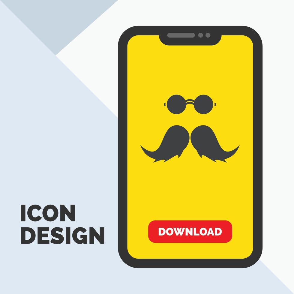 bigode. hipster. moveleiro. macho. ícone de glifo de homens no celular para página de download. fundo amarelo vetor