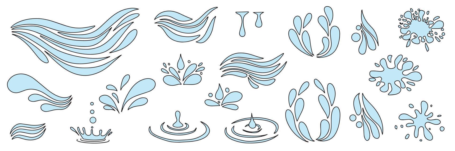 conjunto de onda e gota de água. estilo doodle em cores. ilustração vetorial. vetor