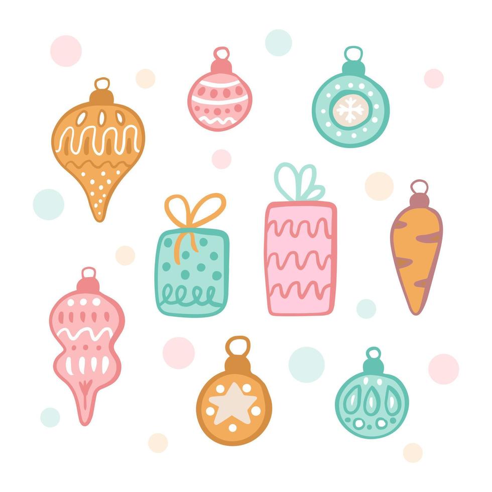 conjunto de brinquedos de árvore de natal com presentes, ilustração vetorial em estilo simples, decoração para cartões postais, cartazes vetor