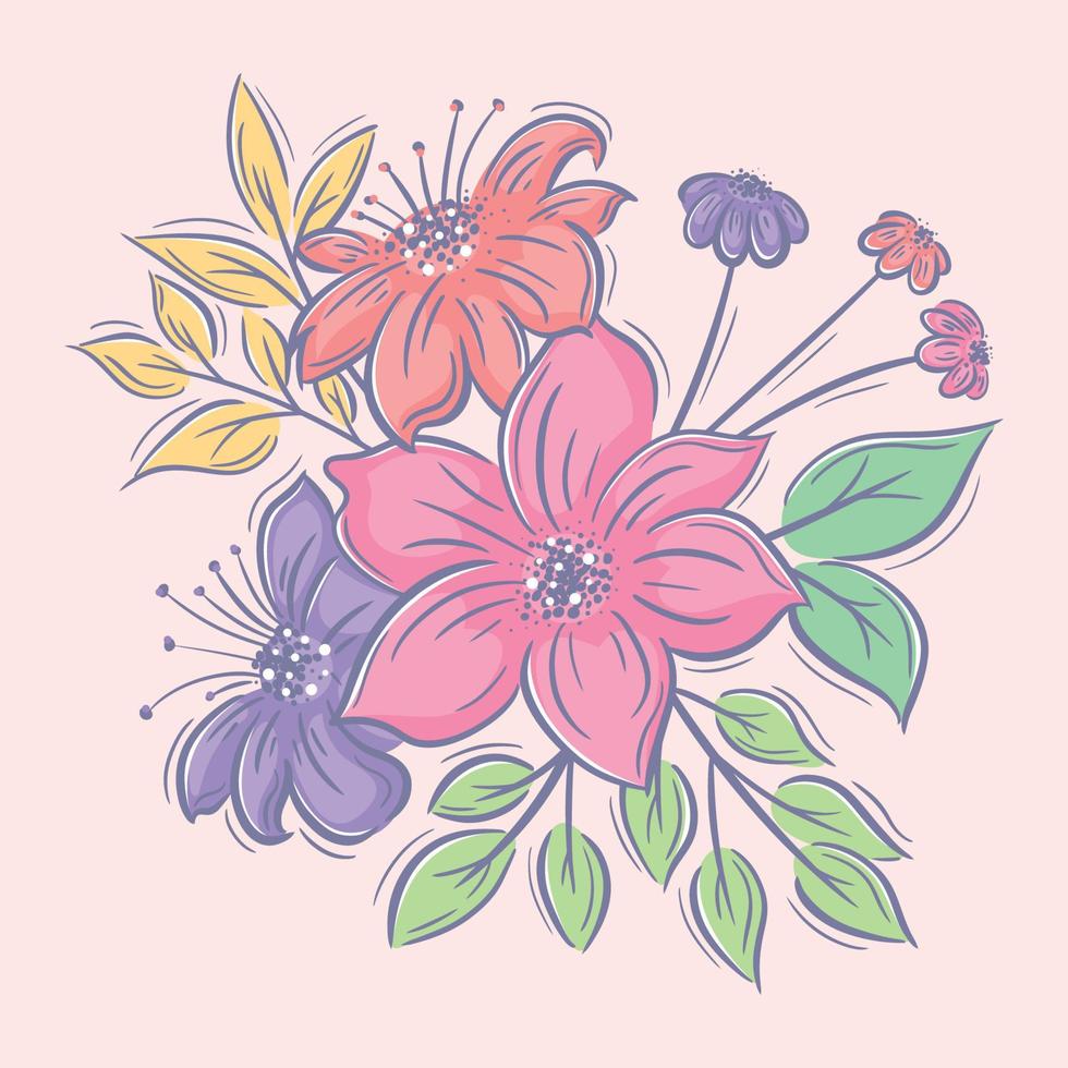 buquê de flores desenhadas à mão em cores vetor