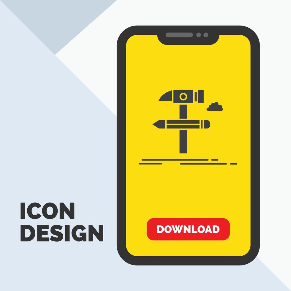 construir. Projeto. desenvolve. ferramenta. ícone de glifo de ferramentas no celular para página de download. fundo amarelo vetor
