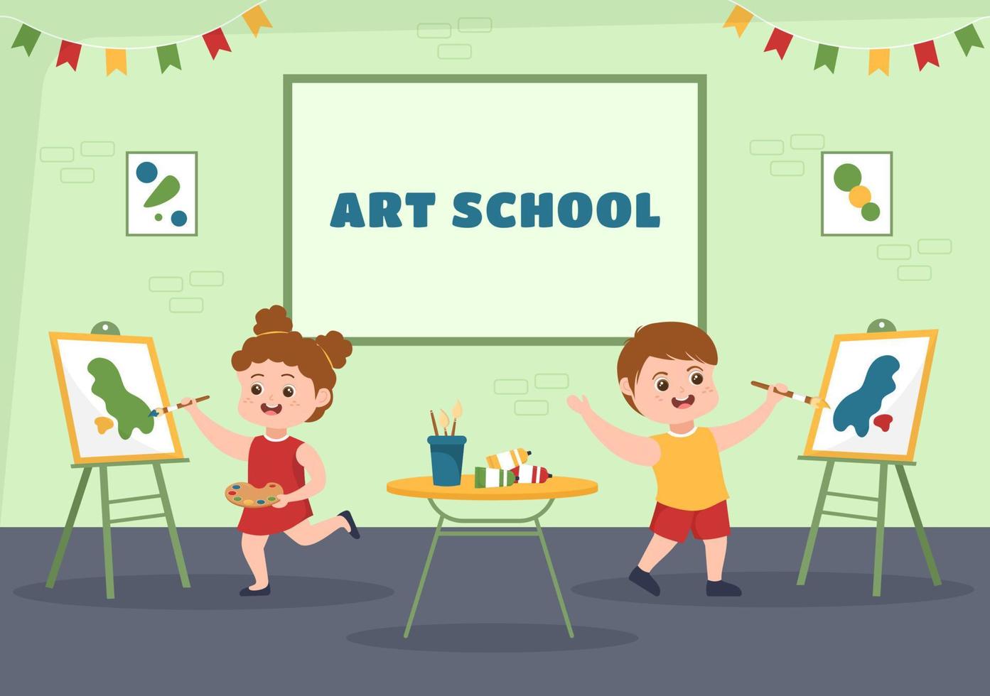 escola de arte de pintura com modelo ao vivo ou objeto usando ferramentas e equipamentos em modelo de ilustração plana de desenho animado desenhado à mão vetor