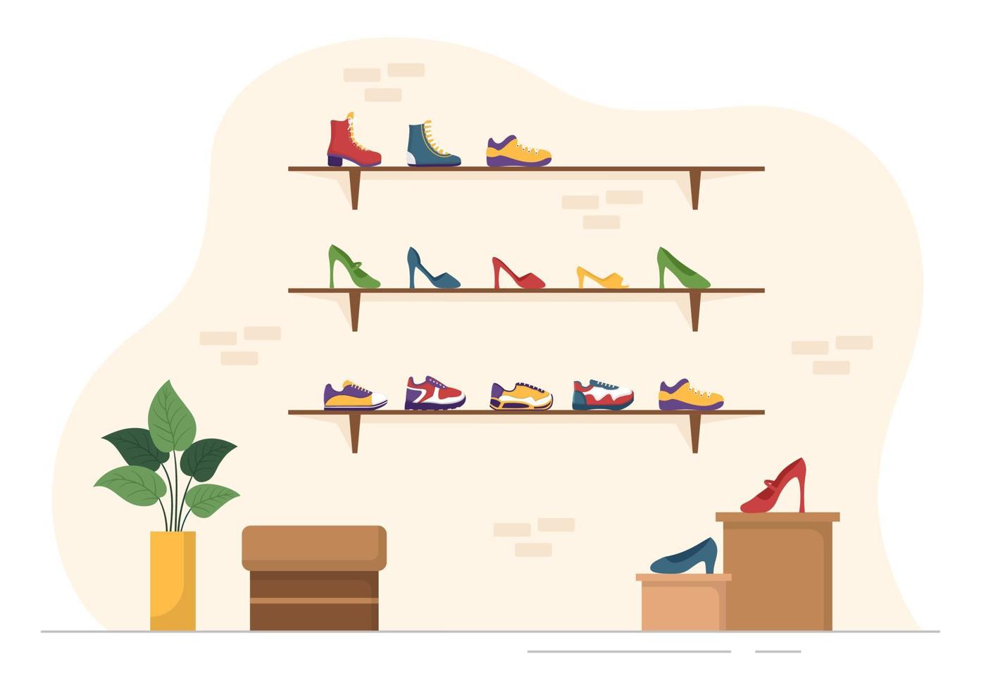 loja de sapatos com nova coleção homens ou mulheres vários modelos ou cores de tênis e saltos altos em ilustração de modelos desenhados à mão de desenhos animados planos vetor