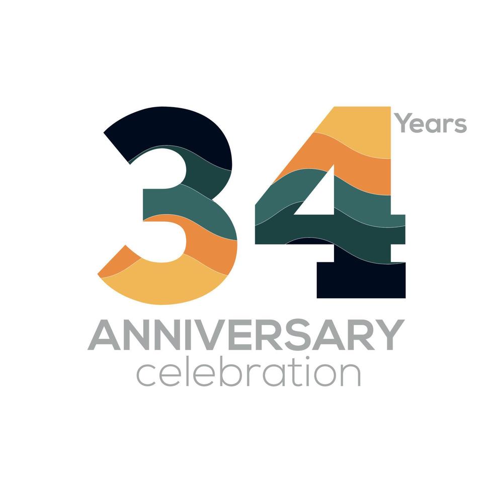 design de logotipo de 34º aniversário, modelo de vetor de ícone número 34. paletas de cores minimalistas