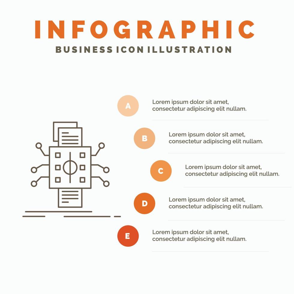 análise. dados. dado. em processamento. modelo de infográficos de relatório para site e apresentação. ícone de linha cinza com ilustração vetorial de estilo infográfico laranja vetor