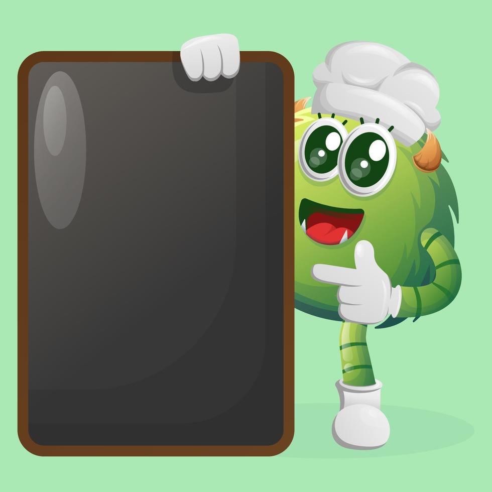 monstro verde bonito segurando a placa preta de menu, placa de menu, placa de sinal vetor