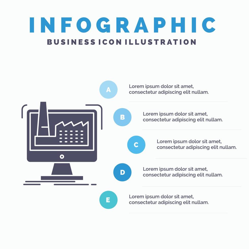 digital. fábrica. fabricação. Produção. modelo de infográficos de produto para site e apresentação. ícone de glifo cinza com ilustração em vetor estilo infográfico azul.