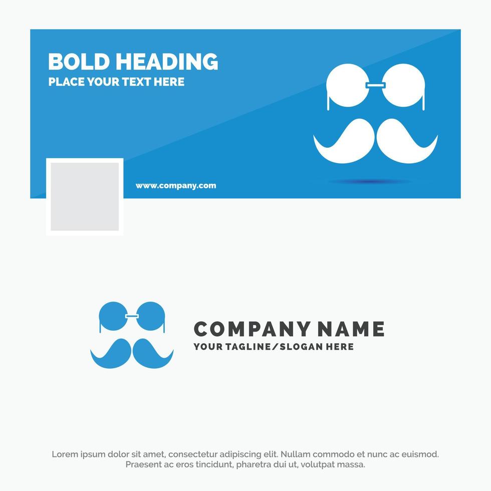 modelo de logotipo de negócios azul para bigode. hipster. moveleiro. óculos. homens. design de banner de linha do tempo do facebook. ilustração de fundo vector web banner