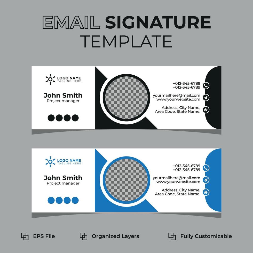 assinatura de e-mail moderna corporativa ou rodapé de e-mail e design de capa de mídia social pessoal, modelo plano, abstrato, moderno e mínimo com cores azul escuro, amarelo, preto, layout de ilustração vetorial. vetor