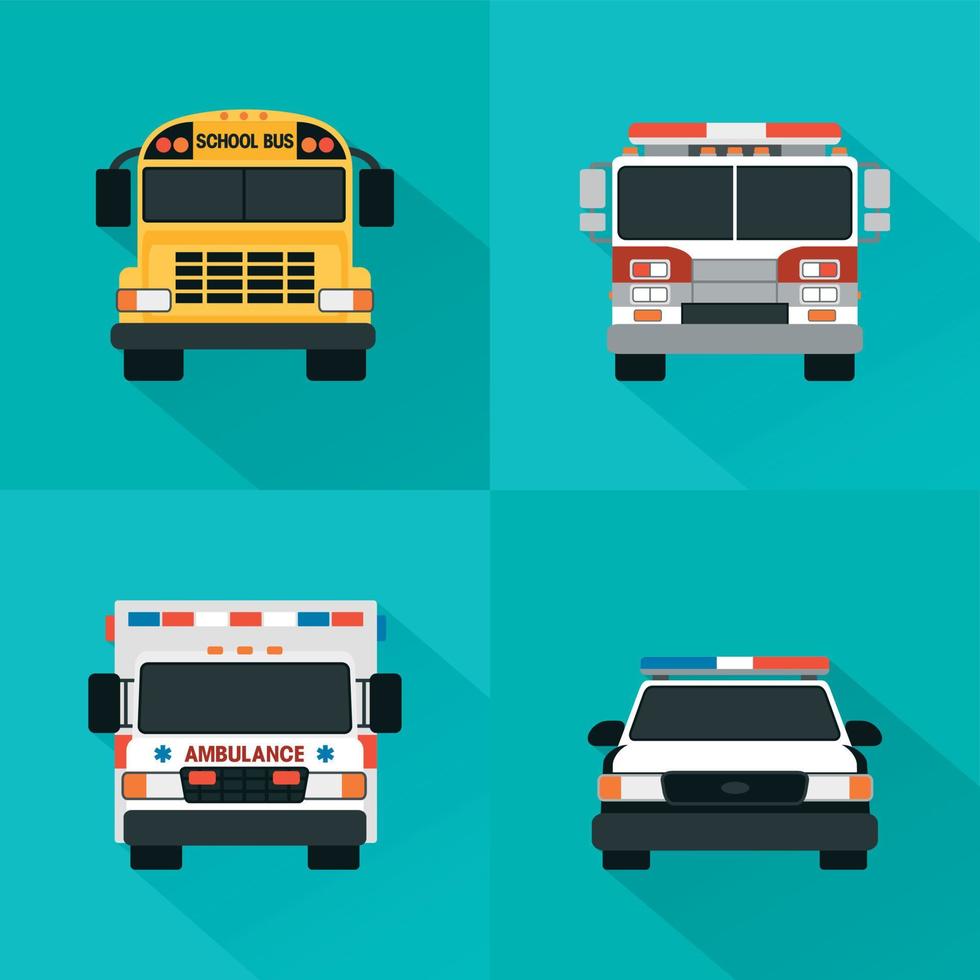 conjunto de carros de serviço de conceito plano. polícia, ambulância, caminhão de bombeiros, ônibus escolar vetor