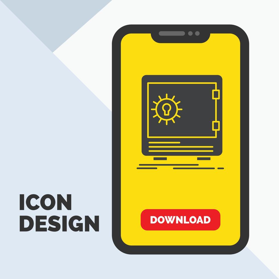 banco. depósito. seguro. segurança. ícone de glifo do cofre forte no celular para página de download. fundo amarelo vetor