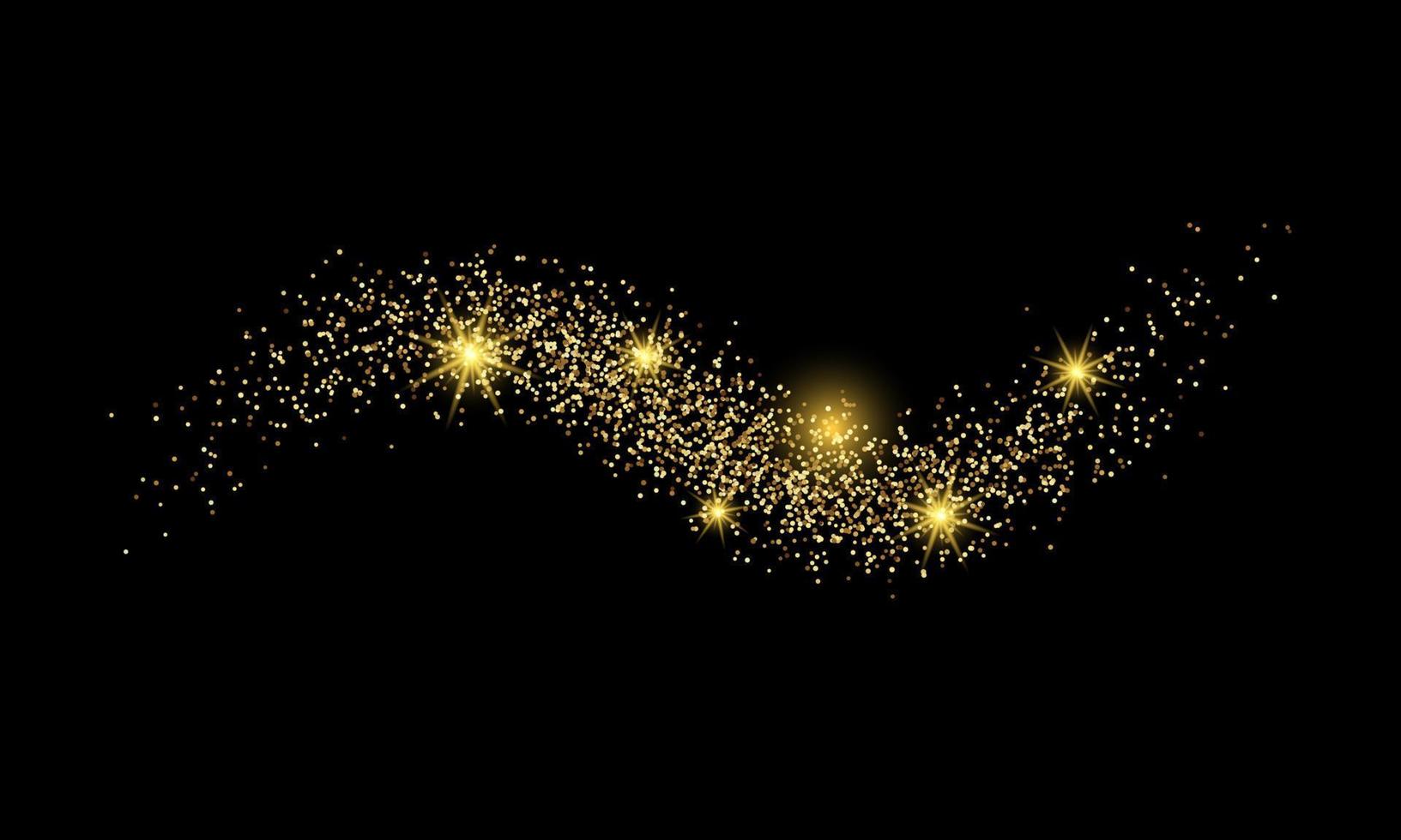 onda de luz com efeito de glitter dourados em um fundo preto. linhas de redemoinho abstratas. ilustração vetorial vetor