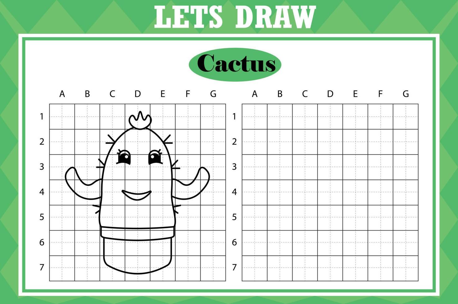 desenhe um cacto fofo. planilha de cópia de grade. jogo educativo para crianças. atividade de desenho para crianças e crianças. planilha de prática de desenho de férias vetoriais. vetor