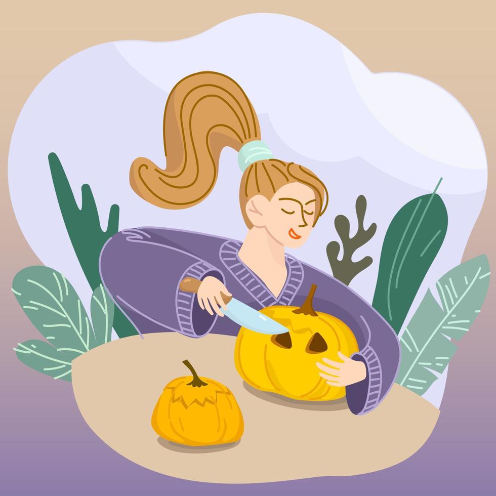 mulher feliz esculpindo uma lanterna de abóbora. garota sorridente está se preparando para a celebração de halloween. ilustração vetorial plana em estilo doodle. vetor